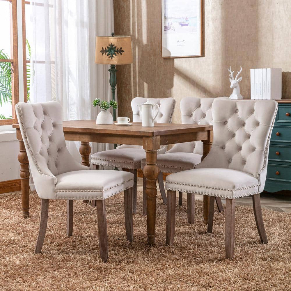 Beige Velvet Upholstered High Back Side Chairs with Wood Legs