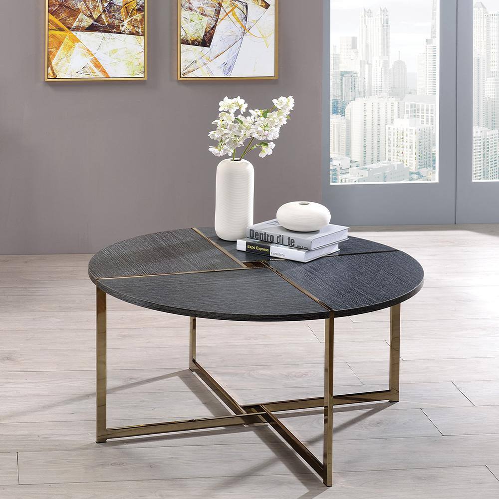 Bromia 26" Round Black Wood & Champagne Metal Coffee Table with Storage