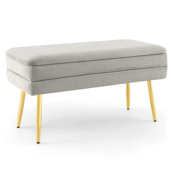 Gymax Grey 31 in. Velvet Upholstered Storage Bench Bedroom Bench Ottoman w/Removable Top Grey