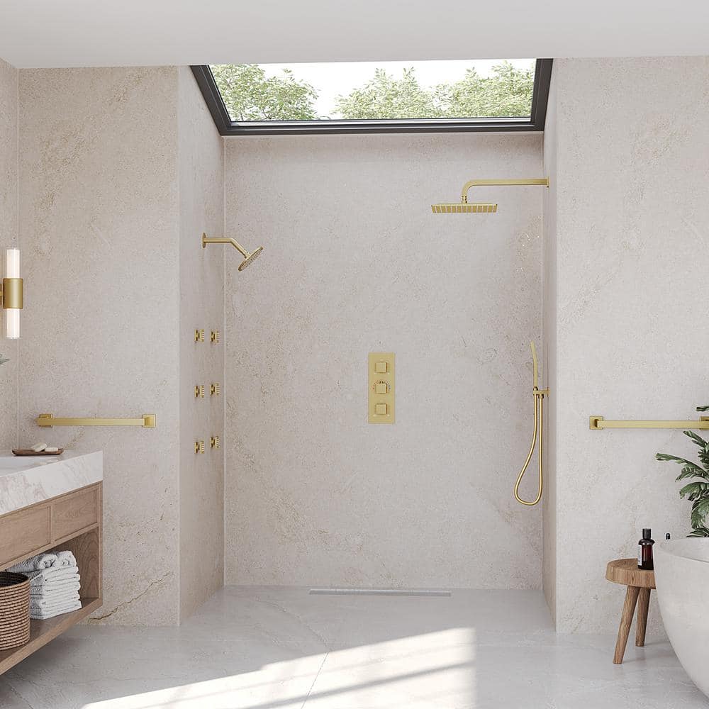 Brushed Gold Wall Mounted Dual Shower System with Body Jets