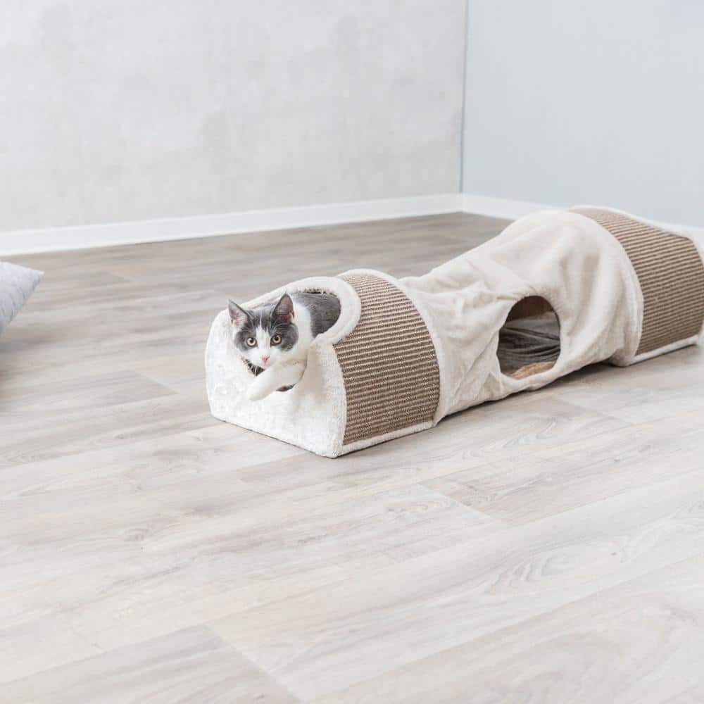 Cream and Brown Sisal Cat Tunnel with Plush Condos