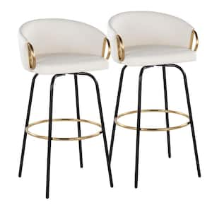 Claire 29.5 in. White Faux Leather and Black and Gold Metal Fixed-Height Bar Stool with Gold Footrest (Set of 2)