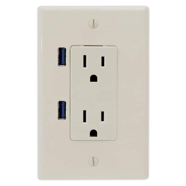 U-Socket 15 Amp AC Decor Duplex Wall Outlet - Light Almond with Built-in USB Ports