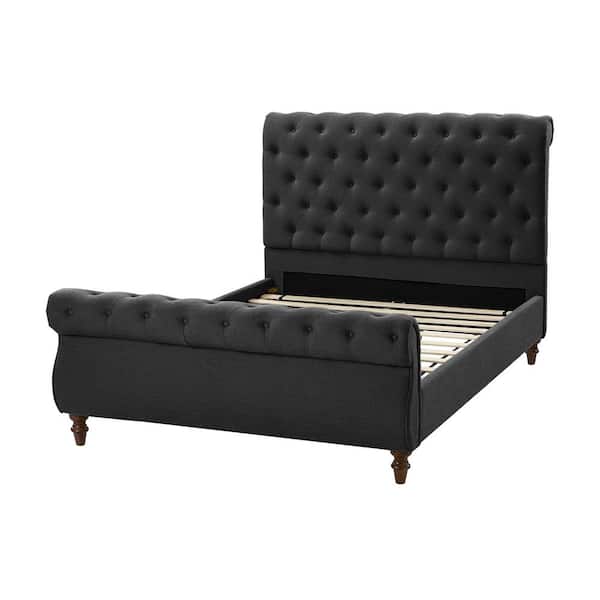 JAYDEN CREATION Elaine Charcoal Upholstered Traditional Lighted Sleigh Queen Platform Bed with Sturdy Frame and Headboard