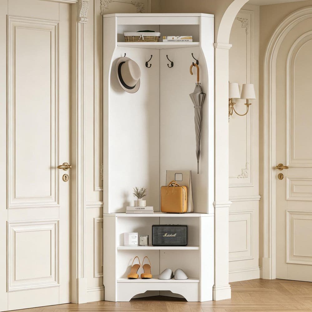 29.50 in. W x 18.20 in. D x 71.6 in. H White Wood Hall Tree with