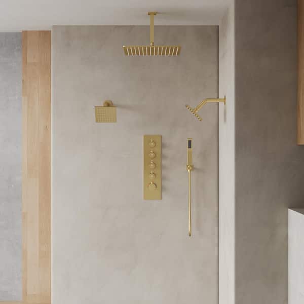 15-Spray Patterns Thermostatic 16, 6 in. Dual Shower Head Wall Mount Fixed Shower Head in Brushed Gold (Valve Included)