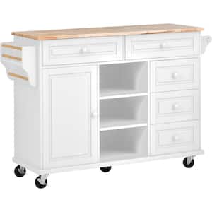 White Wood 53 in. Rolling Kitchen Island with Storage and 5-Drawers