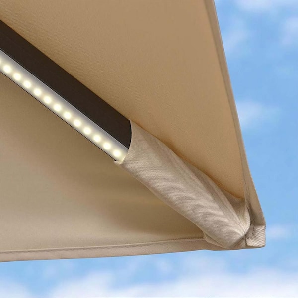 10 ft. Square Aluminum Cantilever Solar Powered LED Offset 360° Rotation Umbrella with Base, Beige
