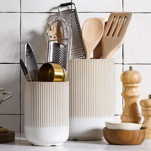 2-Set Ceramic Kitchen Utensil Holder for Countertop, Counter Decor, 7.3 in. and 5.4 in. Cooking Utensil Crocks, Beige