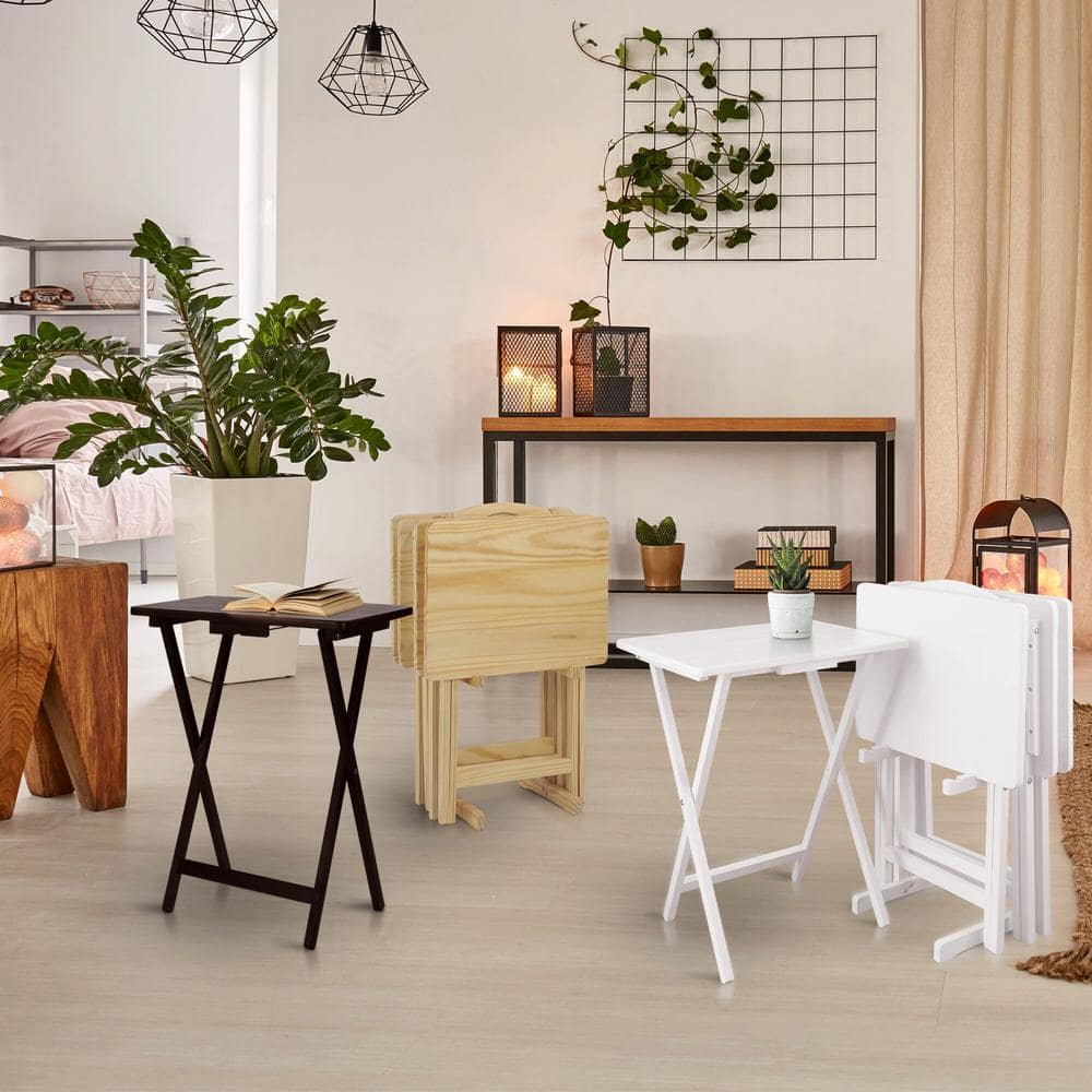 White Solid Wood 5-Piece Tray Table Set with Walnut Tops