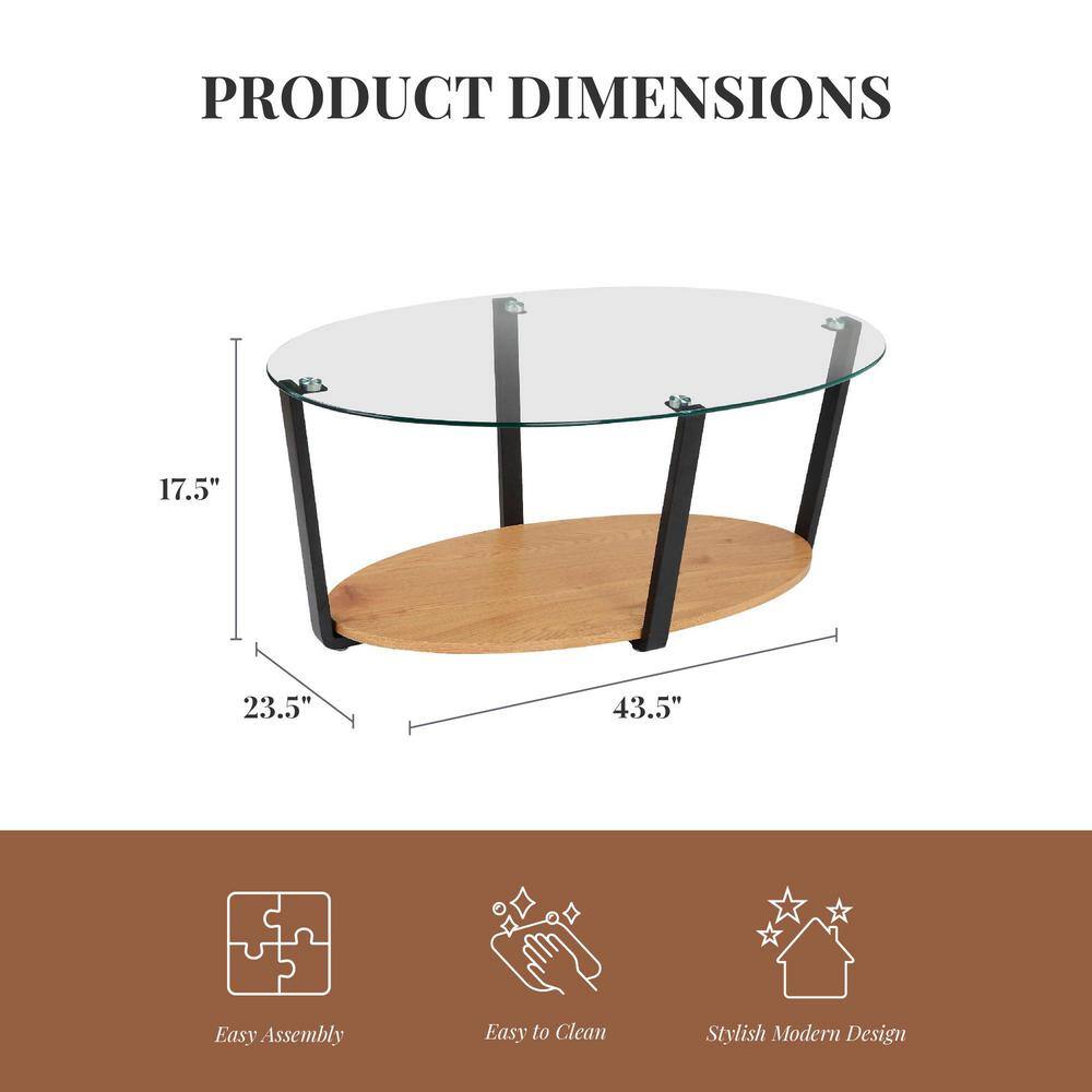 Nessa Oval Coffee Table with Glass Top and Oak Shelf