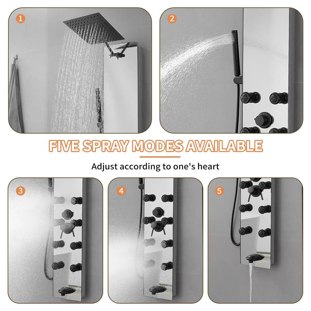 Nickel and Black Multifunction Shower Panel System with Body Jets