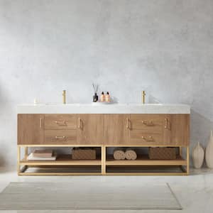Alistair 84 in. W x 22 in. D x 34 in. H Double Sink Bath Vanity in North American Oak with White Composite Stone Top