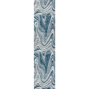 Eleni Turquoise/Cream 2 ft. x 8 ft. Contemporary Glam Abstract Marble Runner Rug