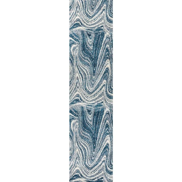 Eleni Turquoise/Cream 2 ft. x 8 ft. Contemporary Glam Abstract Marble Runner Rug
