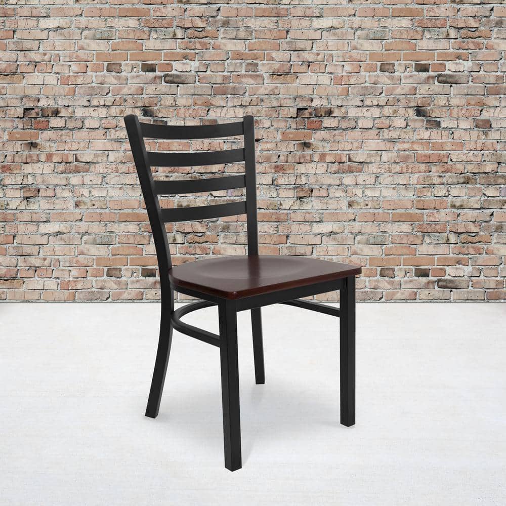 High Ladderback Side Chair in Mahogany and Black Metal