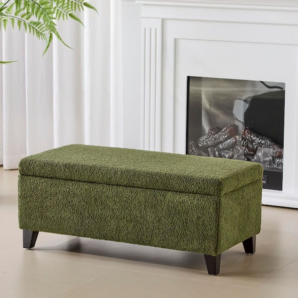 Breanna Modern Green Boucle Fabric Upholstery Storage Ottoman with Solid Wood Legs Flip-Top Lid