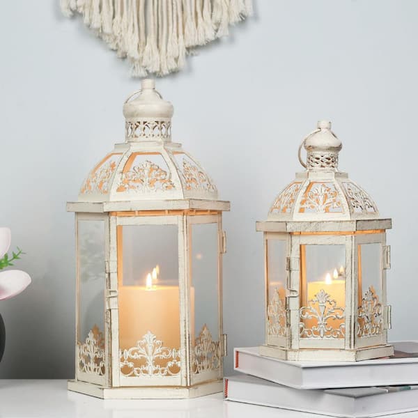 MOEPISY 15.5 in. and 11.2 in. H Beige Metal Lanterns Candle Holder
