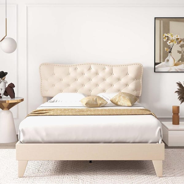 Beige Metal Frame Full Upholstered Platform Bed Button-Tufted Headboard Mattress Foundation