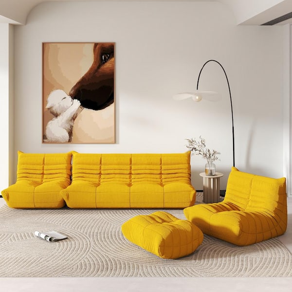 Magic Home Set of 4 Yellow Teddy Velvet Polyester Large Large (45 in.-72 in.) Bean Bag Fireside Lazy Floor Sofa with Chair, Ottoman