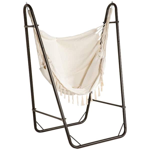 Outsunny 35.4 in. 1-Person Metal Steel, Cotton Outdoor Patio Swing Hanging Lounge Chair with Side Pocket Brown/Cream White