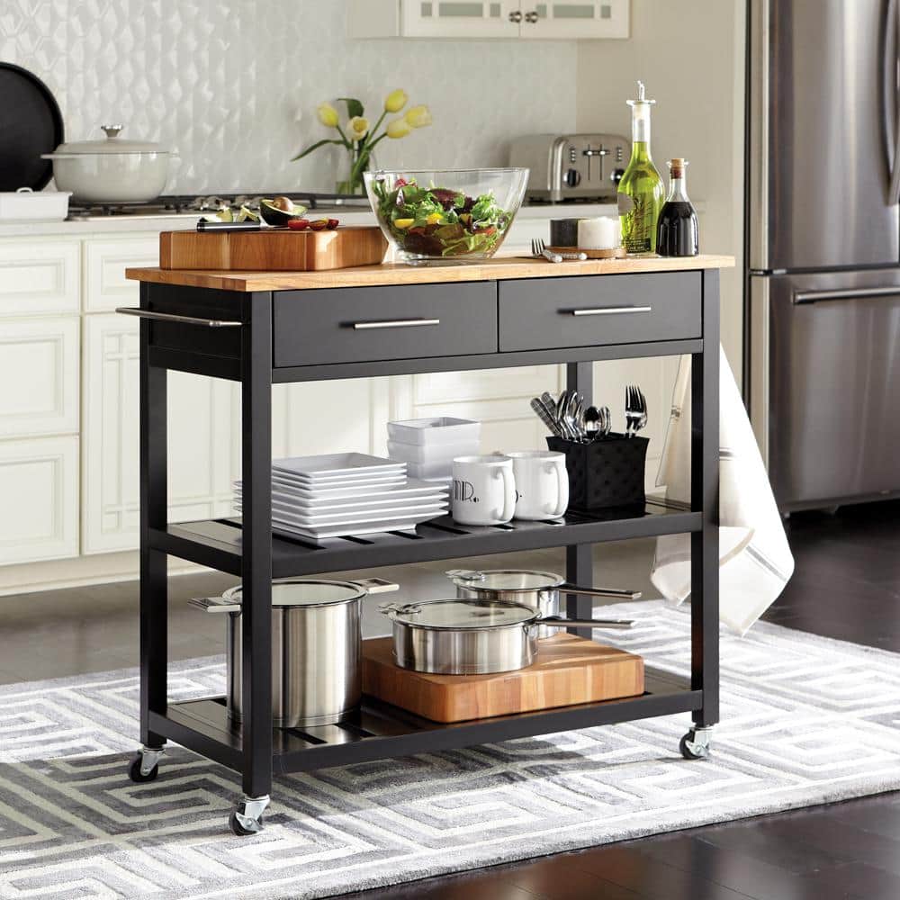 StyleWell Glenville Black Rolling Kitchen Cart with Butcher Block Top,  Double-Drawer Storage, and Open Shelves (36