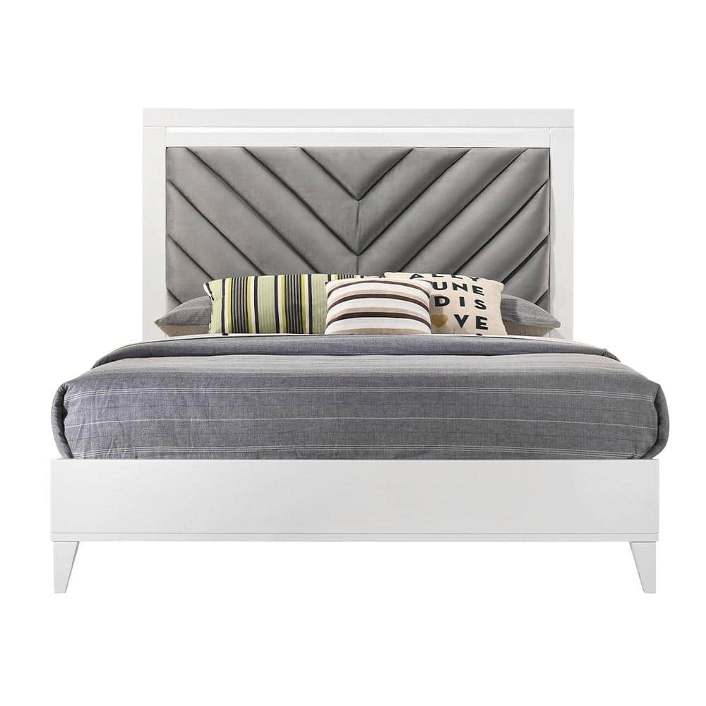 Acme Furniture Chelsie Gray Fabric and White Eastern King Platform Bed ...
