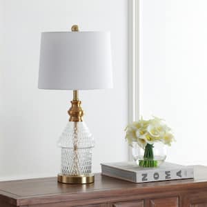 Camden 24.5 in. Brass Gold/Clear Textured Table Lamp with White Shade