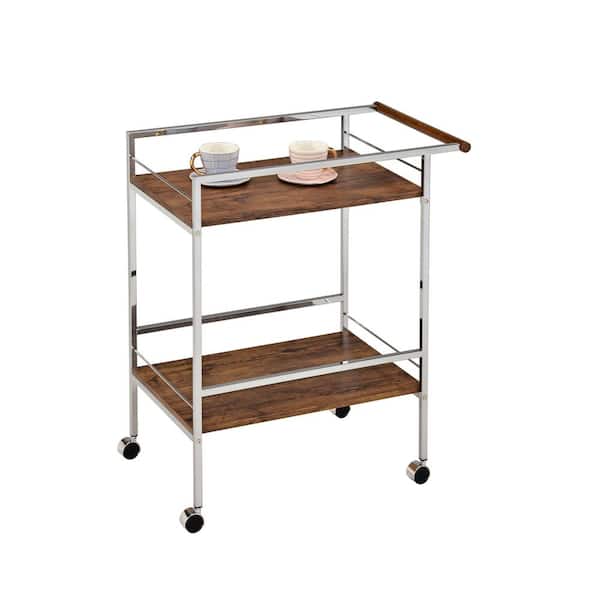Signature Home SignatureHome Sutko 2 Tier Wheeled Serving Bar Cart with Push Bar, Chrome Metal and Oak Wood. Size: 18 W x 28 L x 32 H