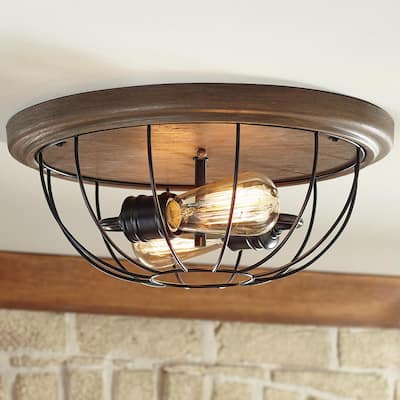Keaton Collection 15-3/4 in. Bronze Industrial 2-Light Bedroom Flush Mount with Open Cage Frame