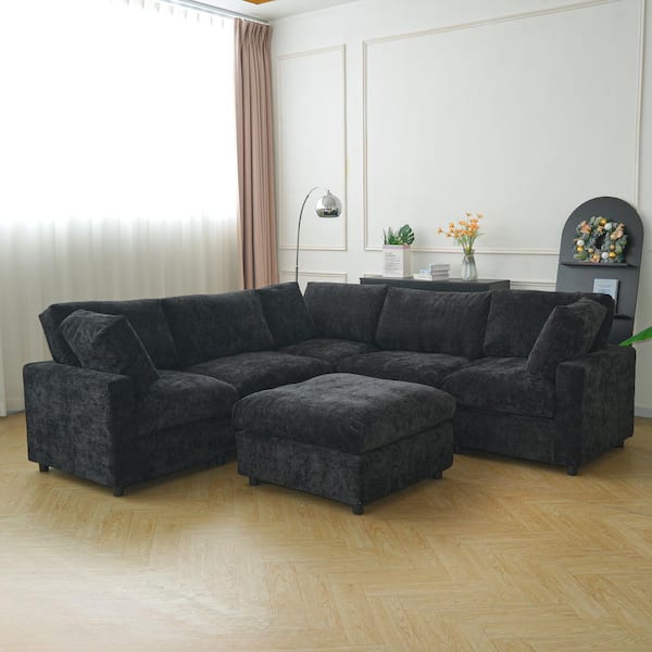 100.5 in. Square Arm 6 Piece Chenille Couch Modular Free Combination Sectional Sofa with Ottoman in Black