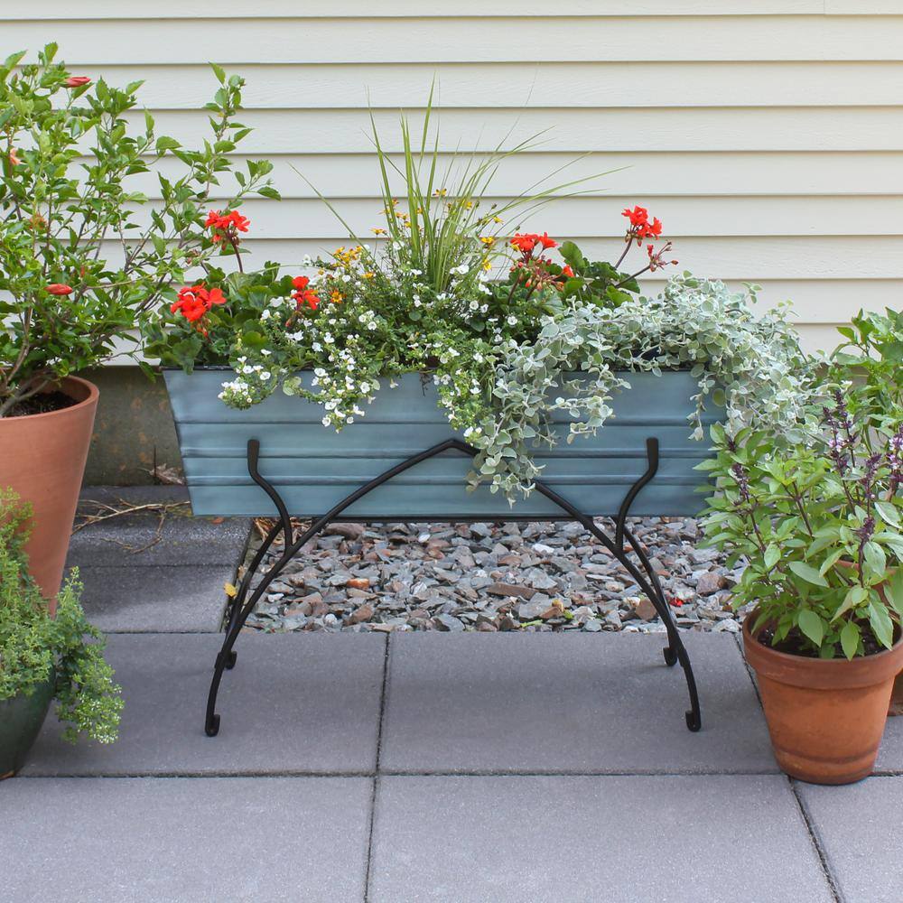 Nantucket Blue Galvanized Steel Flower Planter Box with Iron Stand