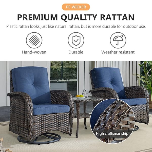 Brown 7-Piece Wicker Patio Conversation Set with Swivel Rockers, Outdoor Loveseat Seating Set with Navy Blue Cushions