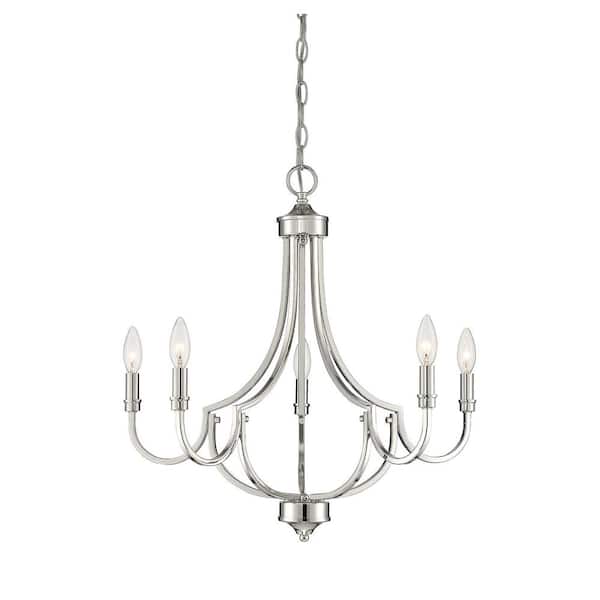 Savoy House Auburn 24 in. W x 22 in. H 5-Light Polished Nickel Wide Metal Chandelier with Curving Arms and Thumbscrew Detail