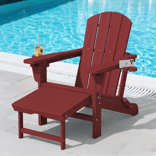 3-Level Adjustable Patio Folding Plastic Adirondack Chair with Retractable Ottoman, Cup and Phone Holders in Dark Red