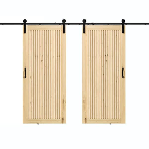 60 in. x 84 in., Light Brown, Paneled, Fluted, Painted, MDF Sliding Barn Door with Hardware Kit