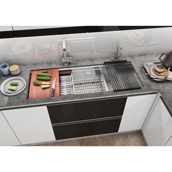All-in-One Series Undermount Stainless Steel 48 in. Double Bowl Kitchen Sink in Brushed Finish with Accessories