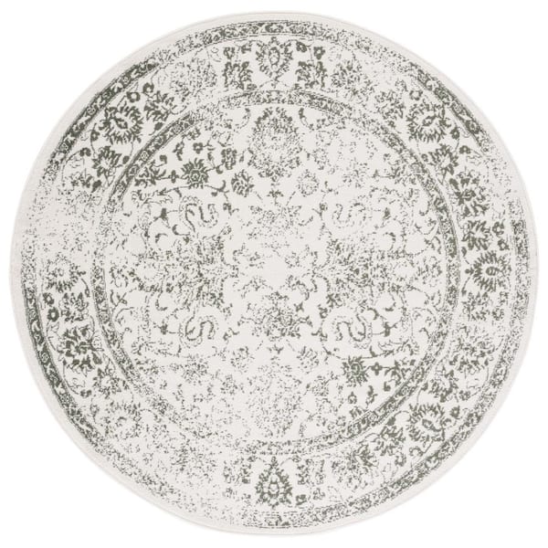 Adirondack Ivory/Dark Green 4 ft. x 4 ft. Border Distressed Round Area Rug