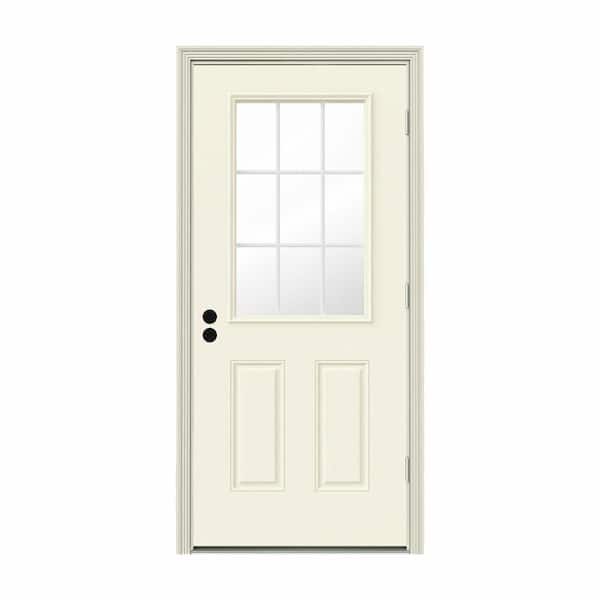 JELD-WEN 36 in. x 80 in. 9 Lite Vanilla Painted Steel Prehung Left-Hand Outswing Entry Door w/Brickmould