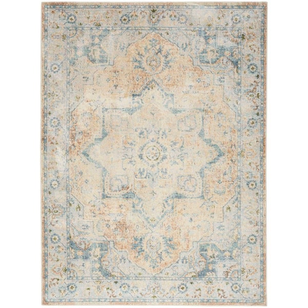 Nourison Astra Machine Washable Beige Blue 4 ft. x 6 ft. Center medallion Traditional Area Rug