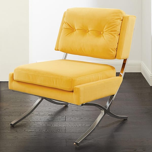 Art Leon Sally Yellow Velvet Accent Side Chair with X-Crossed Metal Legs