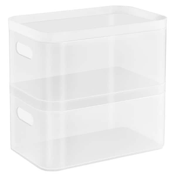 Plastic Organizer and Storage Bins with Lids, Frosted White Stackable Pantry Organizer with Handles (Set of 2)
