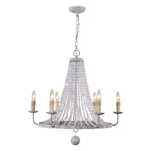 Modern 6-Light White Candle Style Wagon Wheel Chandelier with Crystal Bead Strands