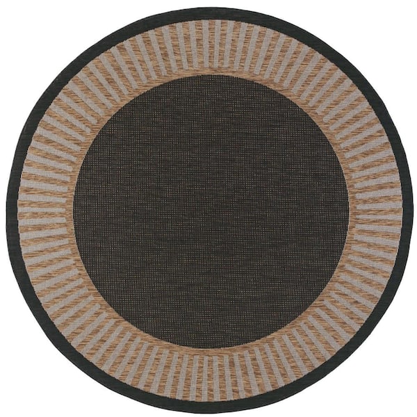 Tayse Rugs Eco Striped Border Gold 6 ft. Round Indoor/Outdoor Area Rug