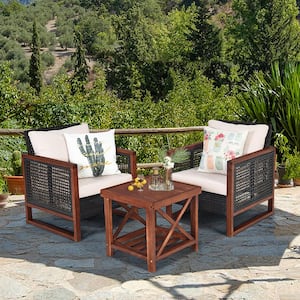 3-Pieces Rattan Wicker Patio Conversation Set Outdoor Furniture Set with Yellowish Cushion