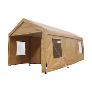 12 ft. x 20 ft. Outdoor Heavy-Duty Carport Garage Canopy, Portable Garage with Mesh Windows and Rolling Doors in Beige