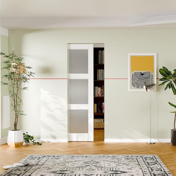 32 in. x 80 in. White Primed Solid Wood 3-Lite Frosted Glass Sliding Pocket Door with Soft Close, Frame and Hardware