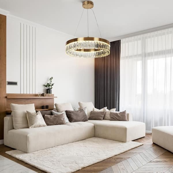 Glam Modern 1-Light Plating Brass Round Integrated LED Chandeliers with Crystal Accent for Living Room