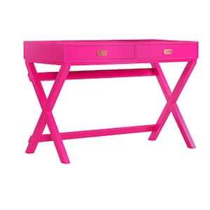 44 in. Rectangular Raspberry Pink 2 Drawer Writing Desk with Built-In Storage