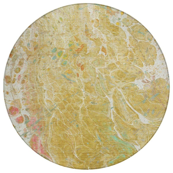 Chantille Machine Washable Indoor/Outdoor Abstract ACN2731 Gold 8 ft. x 8 ft. Round Rug